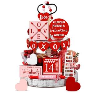 Spiareal 15 Pcs Valentine's Day Tiered Tray Decor Set Red Heart Love Wooden Signs Rustic Farmhouse Tray Signs Valentine Day Table Decorations for Romantic XOXO Home Kitchen Shelf Decor(Red, Pink)