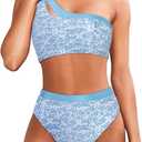 MOOSLOVER Women Cutout One Shoulder High Waisted Bikini High Cut Two Piece Swimsuits (Large, Blue Floral-23)