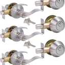 Lanwandeng (3 Pack) Entry Levers Wave Style with Deadbolt Set, Exterior/Interior Satin Nickel Keyed Door Handles with Lock,Interior Door Locksets for Bath/Bedroom