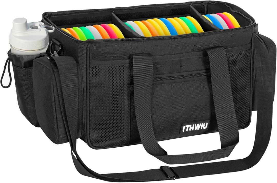 Disc Golf Storage Bag Durable Large Capacity with Dividers and Multi Side Pockets, Black