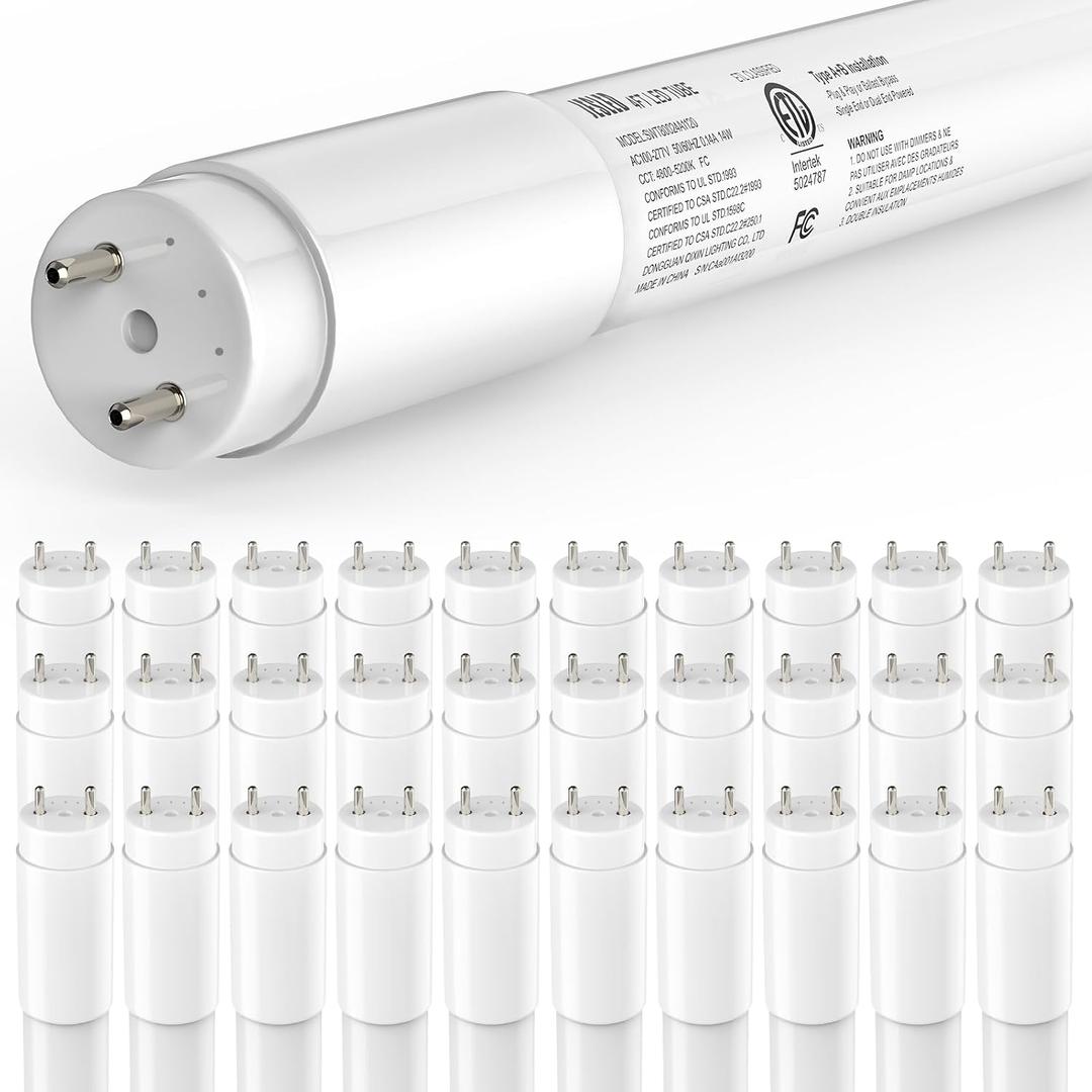 JESLED 30 Pack T8 LED Bulbs 4 Foot, LED Fluorescent Tube Replacement, 4ft LED Tube Light, Plug&Play or Ballast Bypass, 14W, 2450 LM,5000K Daylight White,Single or Double End Powered, Frosted