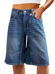 VICHYIE Womens Summer Denim Shorts Wide Leg Casual Loose Mid-Low Rise Jorts Bermuda Knee Length Jeans Short Pants Dark Blue 6