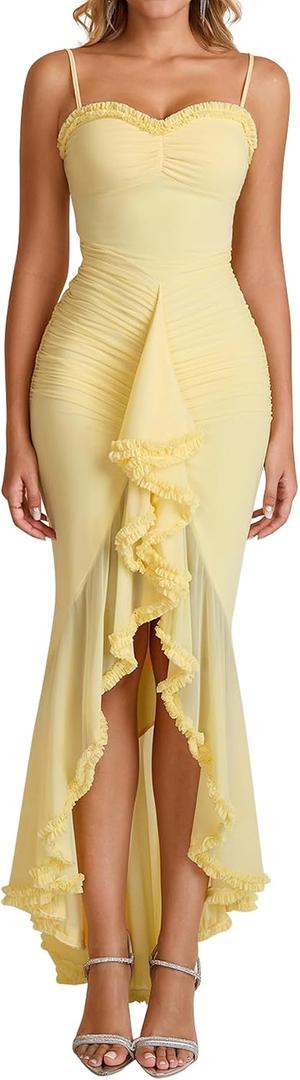KUTUMAI Elegant Ruffle Long Formal Wedding Guest Dress Ruched Bodycon Slit Maxi Cocktail Dresses for Women (Yellow, XL)
