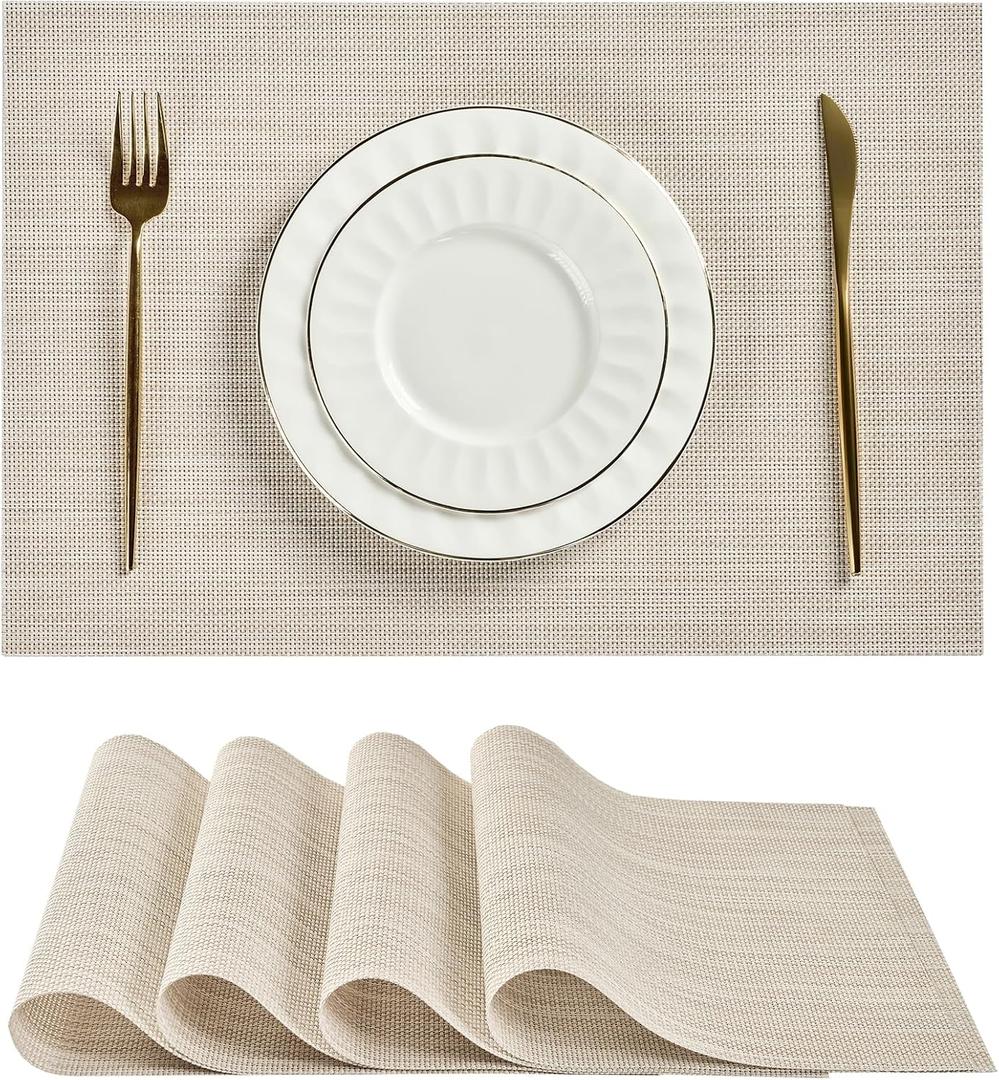 Leetaltree Beige White Placemats Set of 4 - Heat Resistant Non-Slip Place mats for Dining Table, Washable Durable PVC Vinyl Woven Table Mats(Beige White, 4)