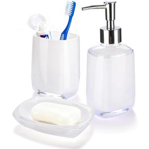 3 Pcs White Bathroom Accessories Set, Soap Dispenser, Soap Dish, Mouthwash Cup,Countertop Organizer Bathroom Sink Set,Boho Modern Bath Decor Gift for Home