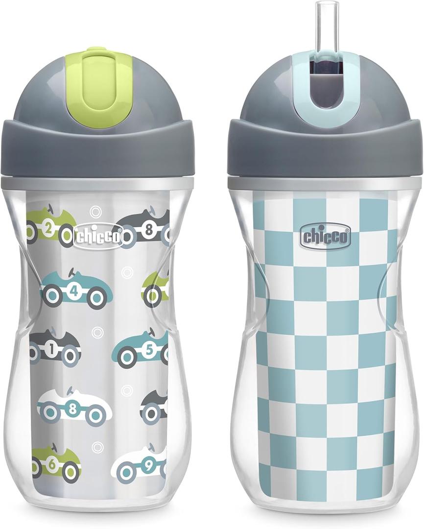 Chicco Flip-Top Straw Cup 9oz | Insulated Toddler Sippy Cup with Soft Silicone Straw | No-Spill | Easy-Clean | BPA-Free | 2pk | For Ages 12+ Months | Cars/Checker