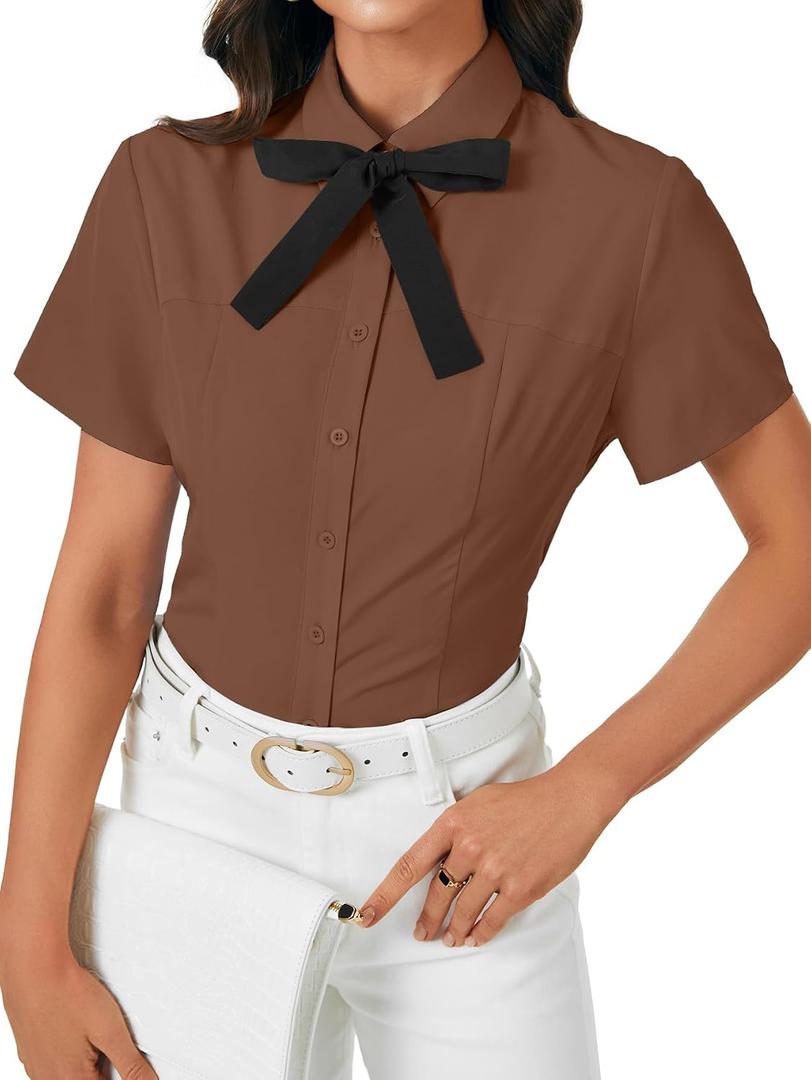 Rooscier Women's Collared Bow Tie Shirt Button Down Short Sleeve Elegant Work Business Blouse Top (Brown, S)