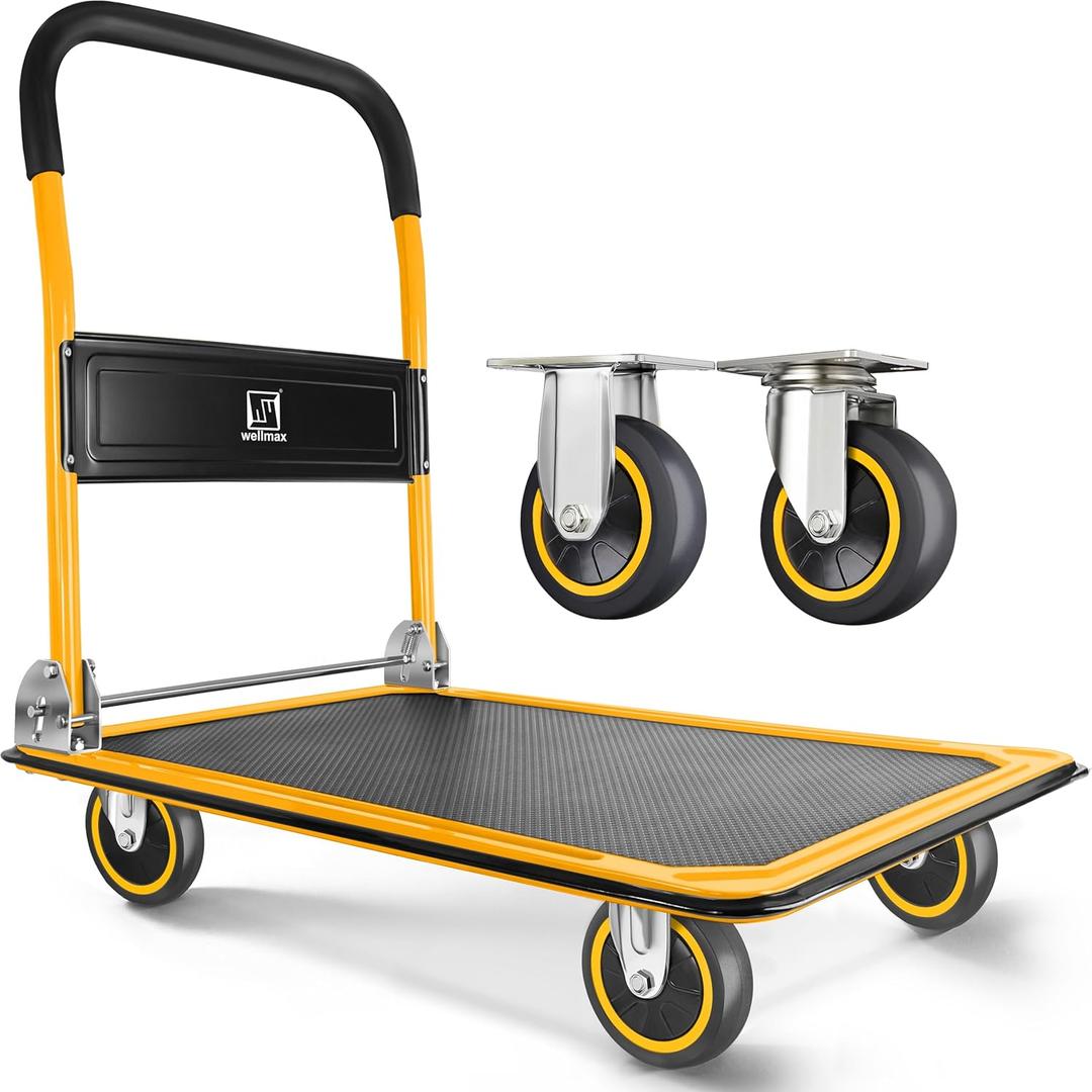 Push Cart Dolly by Wellmax, Moving Platform Hand Truck, Foldable for Easy Storage and 360 Degree Swivel Wheels with 330lb Weight Capacity, Yellow Color Push Cart Dolly by Wellmax, Moving Platform Hand Truck, Foldable for Easy Storage and 360 Degree Swivel Wheels with 330lb Weight Capacity, Yellow Color