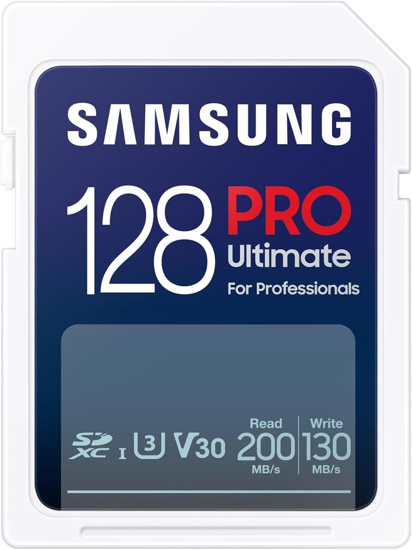 SAMSUNG PRO Ultimate Full Size 128GB SDXC Memory Card, Up to 200 MB/s, 4K UHD, UHS-I, C10, U3, V30, A2, for DSLR, Mirrorless Cameras, PCs, MB-SY128S/AM