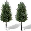Pair Artificial Cedar Topiary Trees, 3ft UV-Resistant Faux Cypress shrubs w/Ground Spikes (Including Lights),Tall Evergreen Decorative Plants for Outdoor & Indoor Porch, Patio, and Garden
