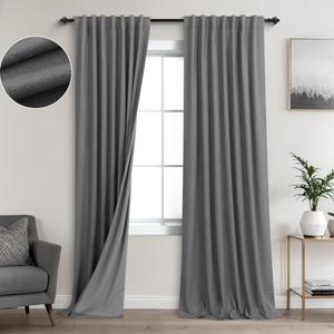 KOUFALL Grey Back Tab Linen Blackout Curtains 92 Inches Long (52"W x 92"L (Pack of 2))