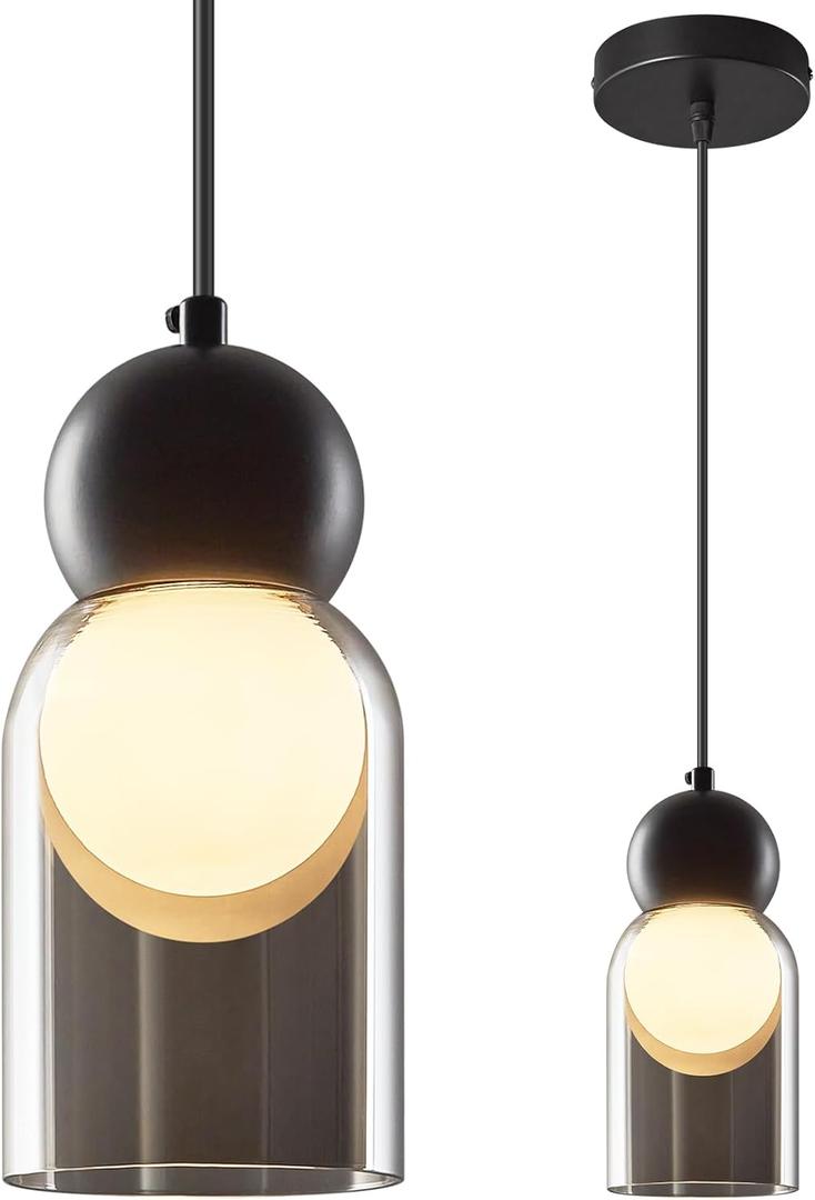 Glass Pendant Light Kitchen Island, 3.93 Inch Smoke Gray Clear Glass Lampshade,Modern Pendant Lights Hanging Light Fixture for Dining Table Living Room Bedroom,E26 LED Bulb Include (Black-B-1pack)