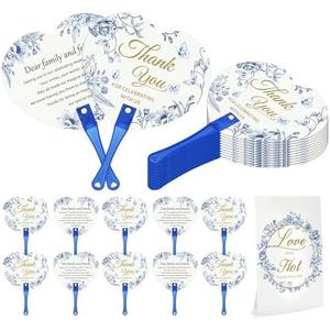 Aneco 120 Pieces Wedding Hand Plastic Fans with Wedding Table Sign Handheld Plastic Fan with Handle for Guests Bulk Wedding Hand Fans for Wedding Ceremony Bridal Shower, Blue Floral