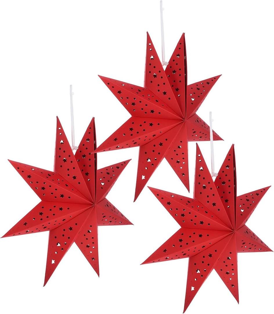 3 x 3pcs Christmas Paper Star Lanterns, Nine-Pointed Red Paper Star Hanging Lampshades Decorations for Home Party Holiday