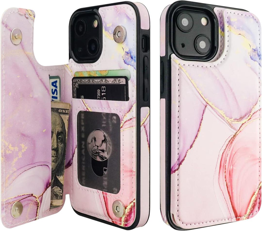 HAOPINSH for iPhone 13 Mini Case Wallet with Card Holder, Pink Marble Pattern Back Flip Folio PU Leather Kickstand Card Slots Case for Women Girls, Double Magnetic Clasp Shockproof Cover 5.4"