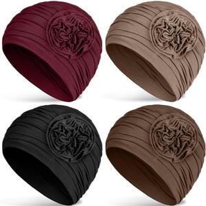 JenPen 6 Pcs Cotton Chemo Headwear for Women Turban Soft Cancer Head Scarf Hats Beanie Elastic Hair Wraps Gift for Christmas (Black, Khaki, Wine Red, Brown)
