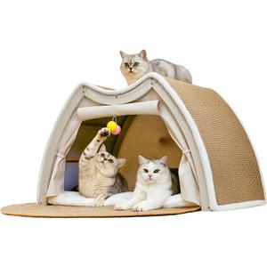 Cat Houses for Indoor Cats - Large Cat Bed Cave with Natural Sisal Cat Scratcher Mat, Solid Wood Frame Cat House with Curtains and Cat Floor Scratching Pad Rug, Protect Couch and Carpets, L