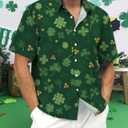 Mens 2026 ST Patricks Day Shirts Clover ST Pattys Day Funny Hat Dwarf Green Printed Short Sleeve Button Down Shirt (Green, L)