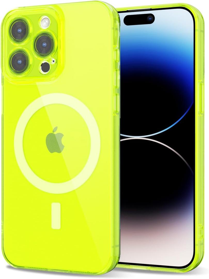 for iPhone 14 Pro Case Clear Compatible with Magsafe Silicone, Bright Transparent Thin Magnetic Mag Safe Case Cute, Girly Trendy Slim Hard Camera Cover Protection, Fluorescent Neon Green Lime