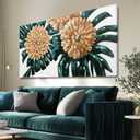 Botanical Canvas Art Gold Flowers Painting Dark Green Leaves Wall Art Photo Prints for Dining Room Office 24x48 Inch Rustic Home Decor