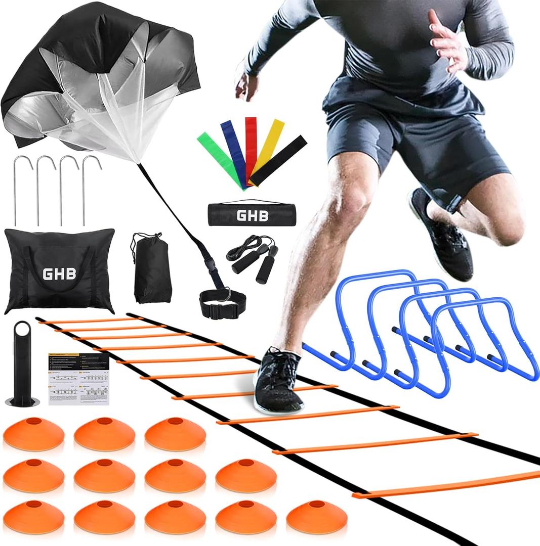 GHB Agility Ladder,Football Training Equipment Set,4 Agility Hurdles, 20 feet12 Rungs Speed Ladder,12 Disc Cones,Resistance Parachute, Jump Rope, 5 Resistance Bands (Orange)
