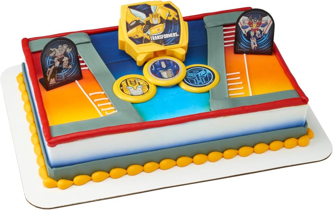 DecoSet Transformers Autobot Battle Cake Topper, 6-Piece Interactive Set of Transformer Decorations and Supplies for Party Cakes