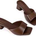 MIRAAZZURRA Heel Mules for Woman Square Open Toe Chunky Block Short Low Heel Slip on Heeled Sandals Casual Comfort Party Shoes (Brown,Size 6)
