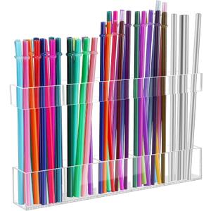 Acrylic Straw Holder for Cabinet Door - Reusable Tumbler Straw Organizer Storage, Small Kitchen Accessories Container, Ultra Sticky Cupboard Door Mounted (Transparent, Large 9.5" (Most Cabinets))