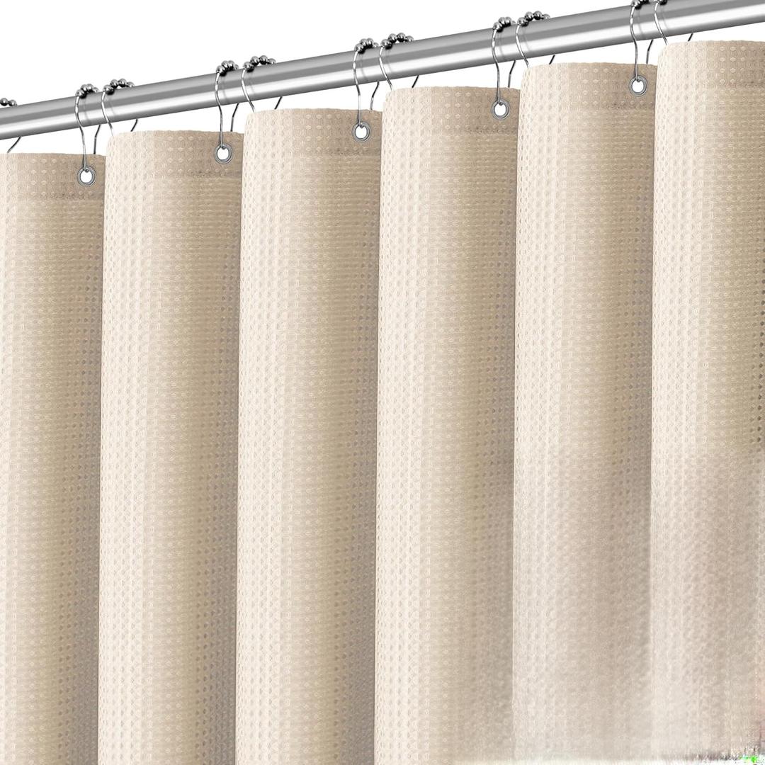 PANGSINNE Beige Fabric Shower Curtain - Waffle Textured Heavy Duty Shower Curtains for Bathroom, 256GSM Hotel Spa Luxury Weighted Bath Curtain with 12 Hooks, 72x80, Beige