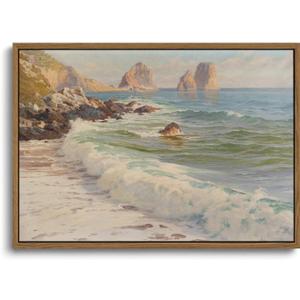 KISSFOX Vintage Framed Wall Art Decor Rustic Coastal Beach Pictures Wall Decor Ocean Aesthetic Canvas Art Prints Modern Farmhouse Paintings Artwork For Gallery Living Room Office Bedroom (16x24 in, Waves)