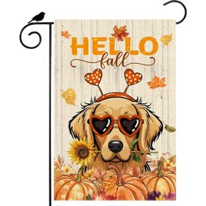2 x Hello Fall Wood Watercolor Dog Sunflowers Pumpkins Maple Leaves Autumn Garden Flag Yard Flag 12x18 Inch Double Sided Small Mini Yard Outdoor Outside Farmhouse Holiday Decoration