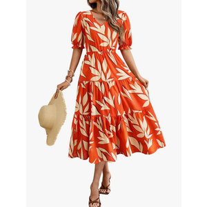 Okiwam Womens Summer Dresses 2025 Spring Casual Floral Short Sleeve Ruffle Flowy Midi Dress Boho Beach Vacation Sundress, XXL, Orange