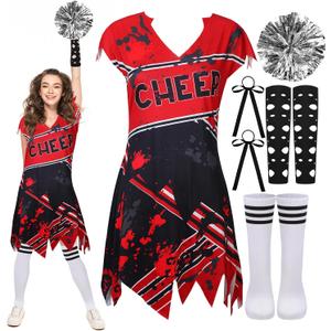 Mepase 7 Pcs Halloween Cheerleader Costume Zombie Cheerleader Dress Pom Poms Hair Bows Gloves Striped Socks for Women Girls (Adult, Medium)