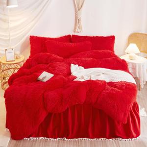 Plush Red Comforter Cover Queen Set, Soft Shaggy Faux Fur Red Bedding Queen Set 3 Pieces (1 Fluffy Duvet Cover + 2 Fuzzy Pillow Cases) Furry Bed Set, Zipper Closure