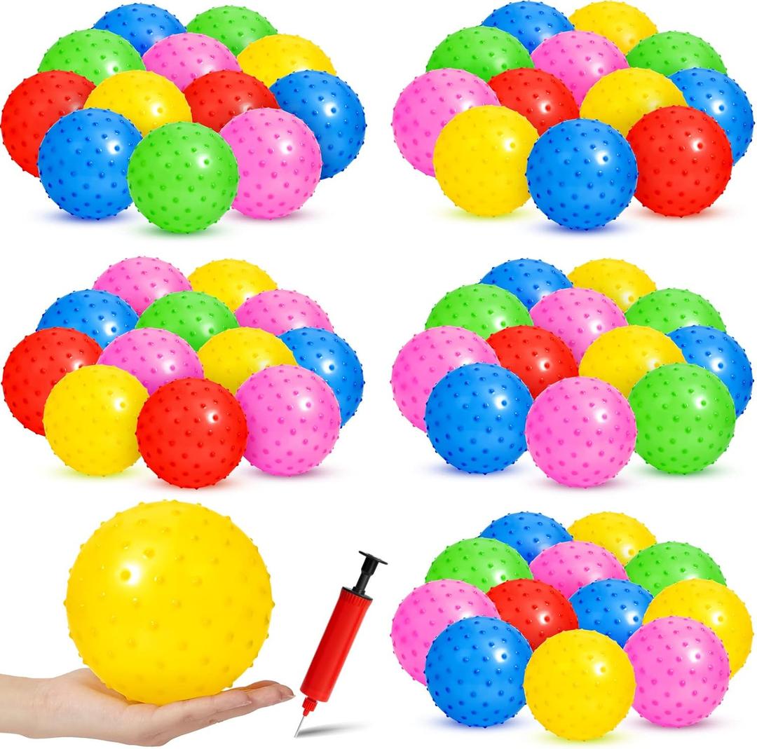 Junkin 100 Pack Knobby Balls Bulk with 1 Air Pump Set 5.5" Sensory Bouncy Plastic Small Globe Inflatable Spiky Massage Stress Fidget Toy Playground Balls for Party Favors(Assorted Color)