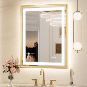 Keonjinn LED Mirror for Bathroom 24 x 30 in, Gold Frontlit & Backlit Bathroom Mirror with Lights, Brushed Beveled Framed, Tempered Glass, UL Listed LED Driver, 3 Color Temperature, Anti-Fog, Dimmable