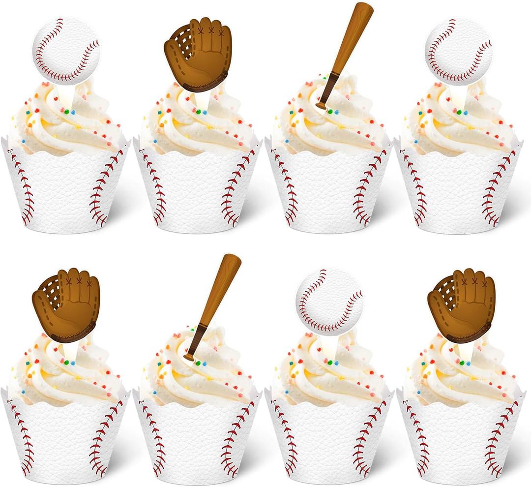 Nuenen 96 Pcs Baseball Cupcake Toppers and Wrappers Set Baseball Birthday Party Cupcake Decorations Sport Themed Cake Picks and Holders for Birthday Gathering Party Decoration Supplies (Retro)