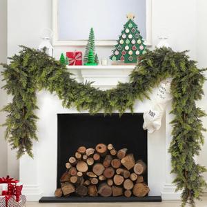 Realistic Christmas Cedar Garland 9 Ft, Real Touch Faux Christmas Cypress Garland Green Thick and Lush Artificial Cedar Pine Greenery for Mantle, Stairs, Fireplace, Indoor & Outdoor Decor