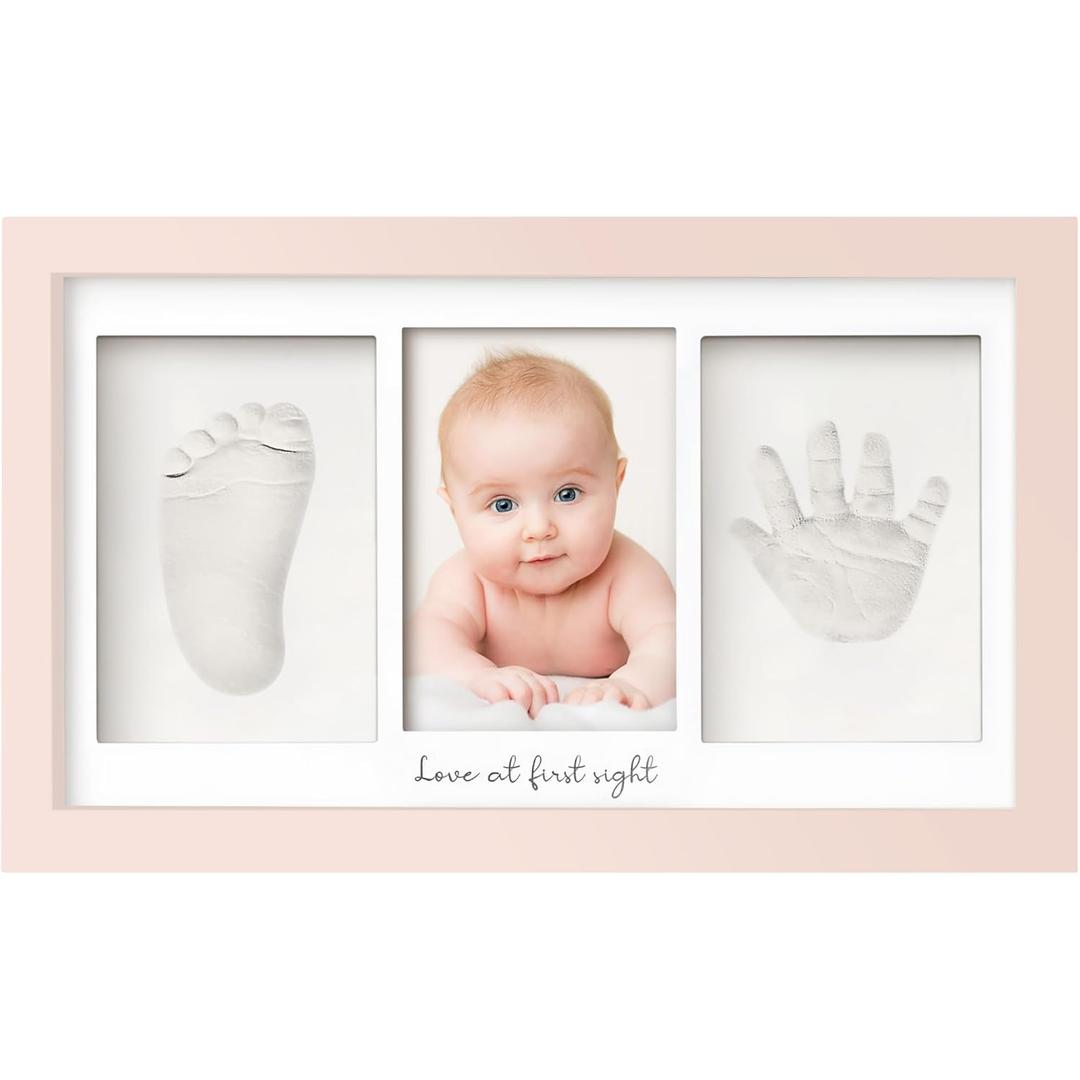 KeaBabies Baby Hand and Footprint Kit - Clay Handprint Keepsake Frame, Newborn Nursery Picture Frame, Personalized New Mom Gifts for Baby First Christmas Shower (Petal Pink) (Duo Frame, 13" x 7.8")