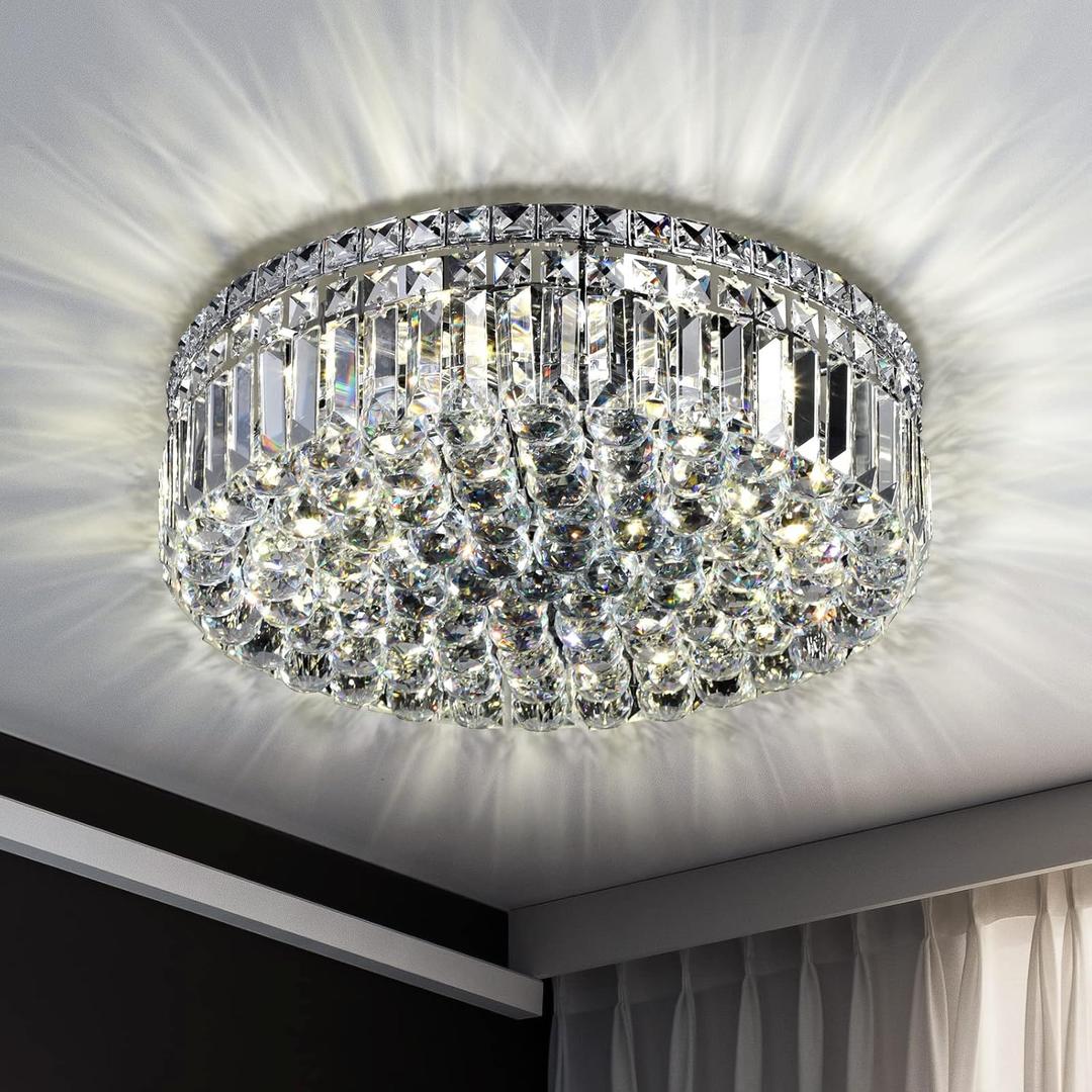 6-Lights Crystal Flush Mount Chandelier Light Fixture with K9 Crystals Modern Ceiling Lights Elegant Pendant Lamp for Bedroom,Hallway,Bar,Living Room,Dining Room,H5.9 xW20 (Bulbs Not Included) (Round Chrome 20inch)