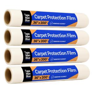 TapeManBlue Carpet Protection Film 36" x 200', 4 Rolls, Self Adhesive Plastic Carpet Protector Film with Clean Removal & Easy Unwind, Durable Protection Tape to Shield Your Surface