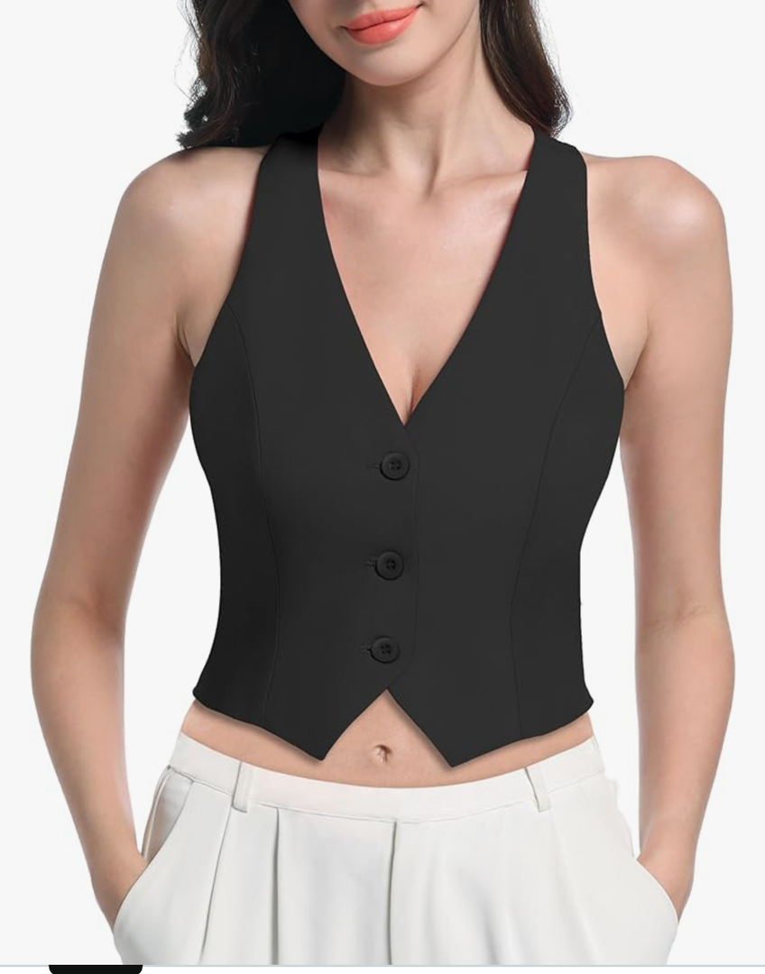V VOCNI Vest for Women V Neck Sleeveless Racerback Fashion Dressy Crop Top Fitted Suite Vest Waistcoat, Size L, Black