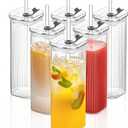 6 Sets Glass Cups with Lids & Straws, Square Ribbed Drinking Glasses with Lids, Clear Highball Tumblers for Cocktail, Coffee, Juice, Beer, Modern Mixed Drinkware Jars