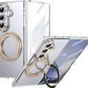 for Samsung Galaxy Z Fold 7 Case with Magnetic Ring Holder, 360 Rotating Bracket, Built-in Front Screen Len Protector, Anti-Yellowing & Anti-Fingerprint Crystal Clear Case.(Gold)