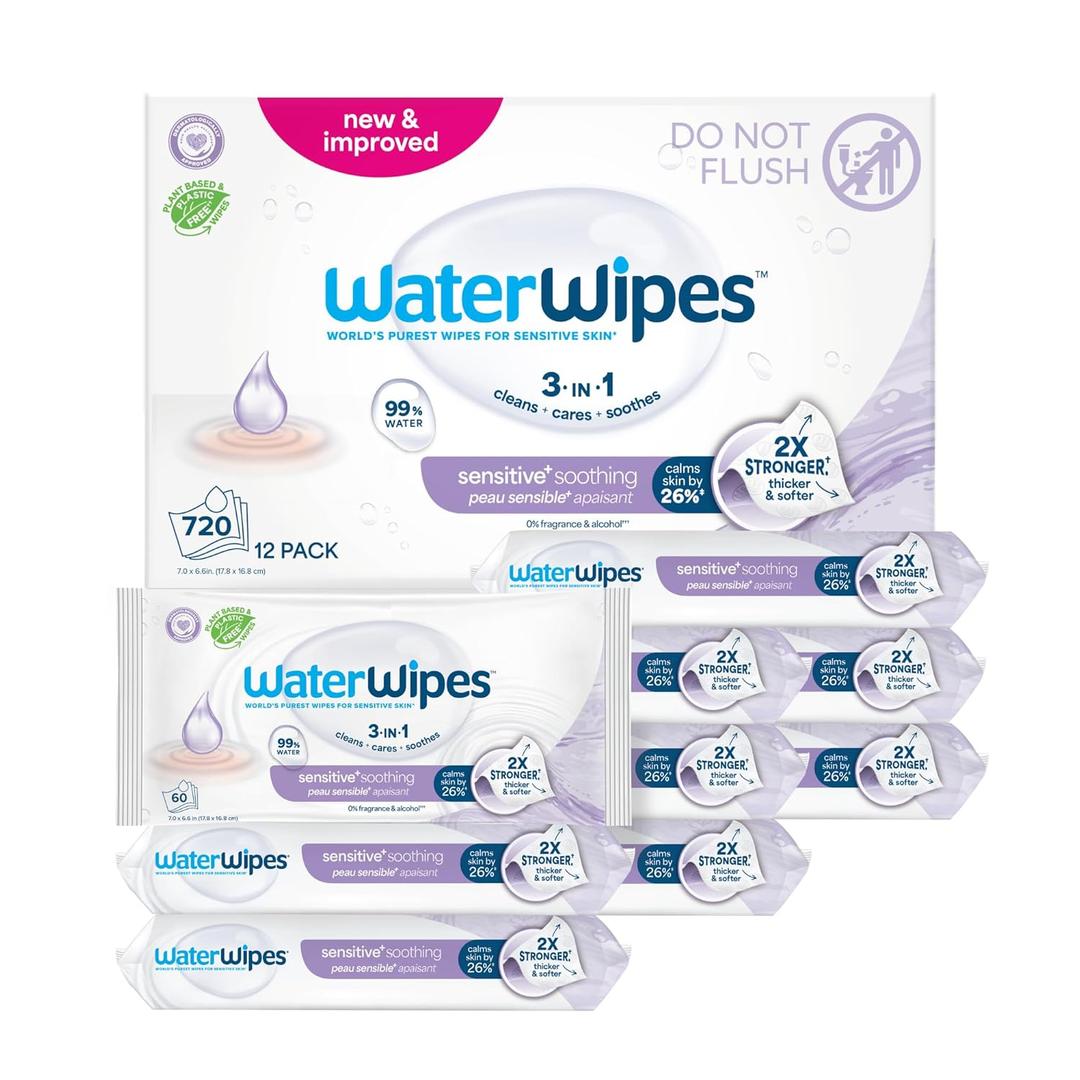 WaterWipes Plastic-Free Soothing Clean 99% Water Based Botanical Baby Wipes, Unscented & Hypoallergenic for Sensitive Skin, 12 Resealable Packs (720 Wipes)