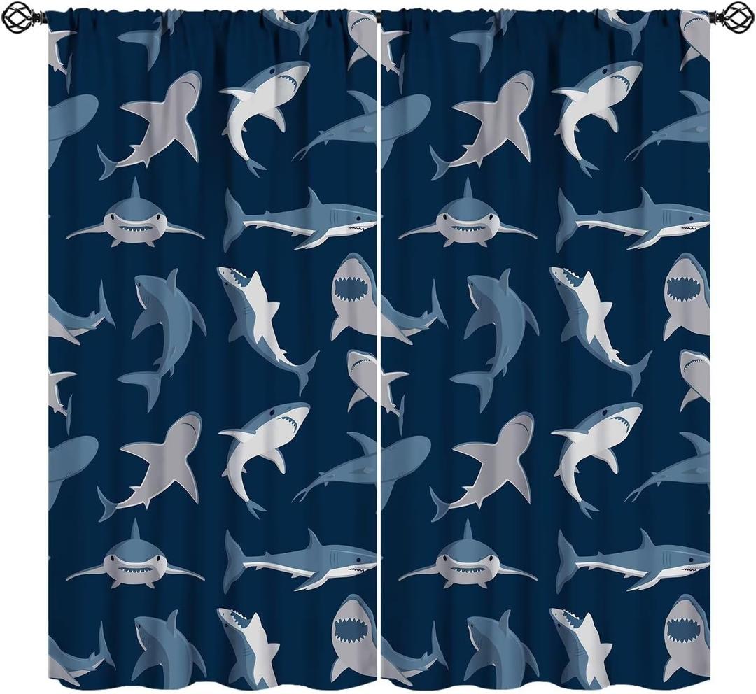 Kids Sea Animal Curtains for Teens Boys Girls Bedroom Nursery Decor Cartoon Sharks Art Printed Blackout Window Drapes Fabric Set 2 Panel 42x45 Inch 30% Shading Rate