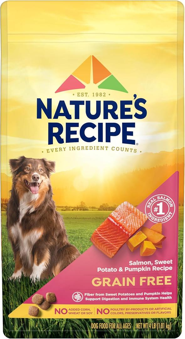 Nature's Recipe Grain Free Dry Dog Food, Salmon, Sweet Potato & Pumpkin Recipe, 4 lb. Bag (4 Pound (Pack of 1)) BB 6/12/26