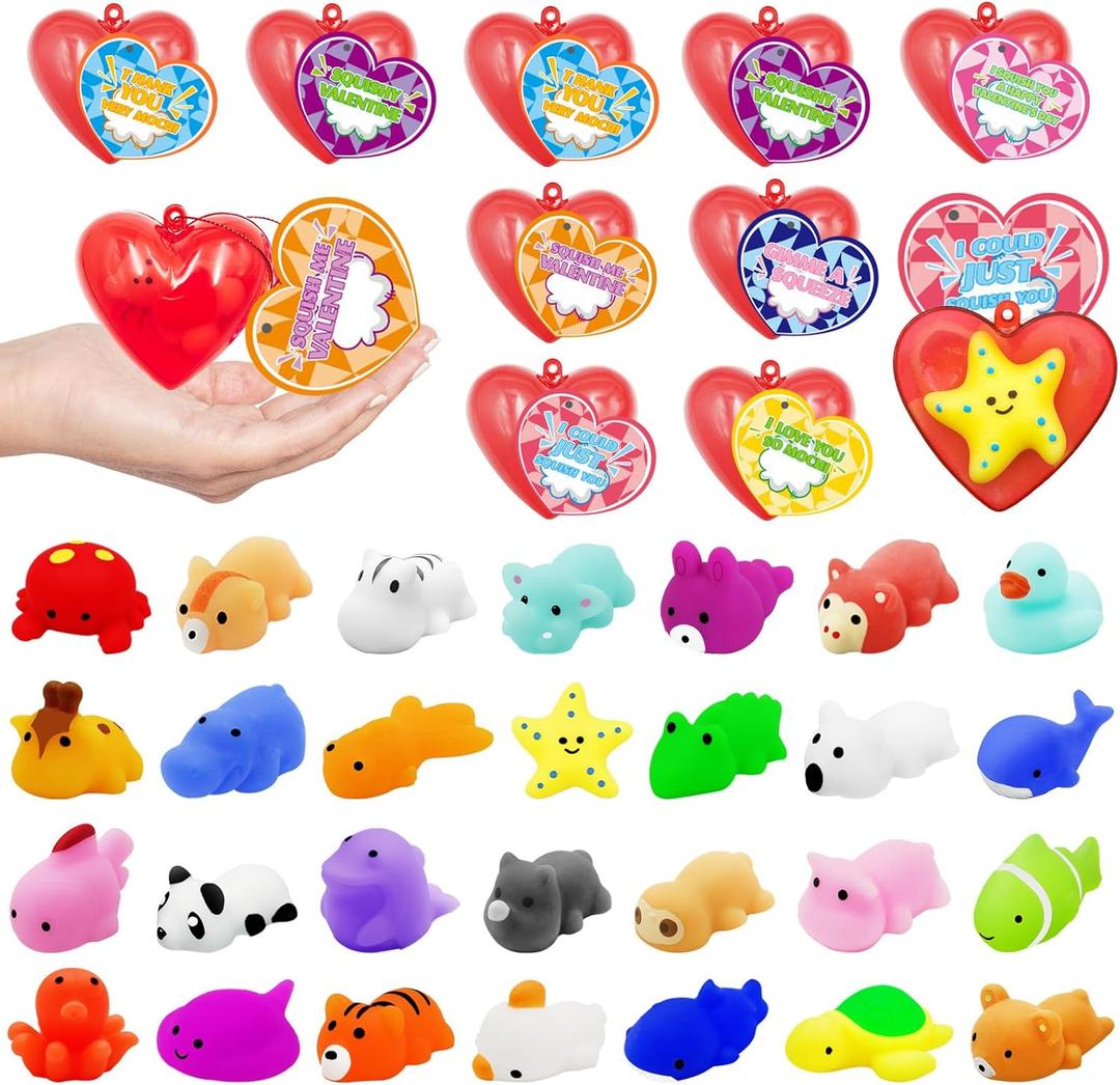 28 Pack Valentine Mochi Squishy Toys Filled Hearts with Valentine Cards Animal Squishies for Kids Classroom Prizes Valentines Day Gifts for Kids Boy Girl Exchange Valentine Party Favors Supplies