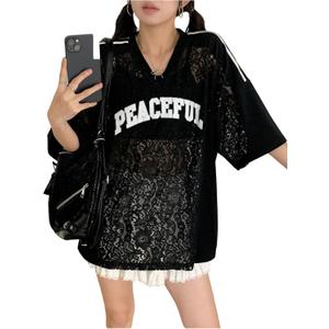 BEAUDRM Women's Oversized Lace Jersey Y2k Letter Graphic V Neck Short Sleeve Baggy Tee Shirts (L)