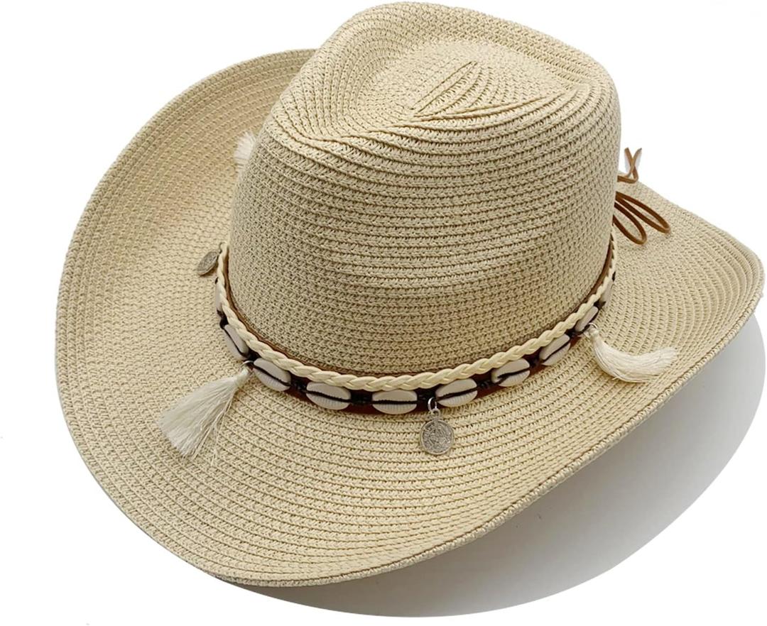 Western Straw Cowboy Hat for Women Beach Sun Hat for Men Wide Brim Fedora Hat Cowgirl Hats Summer Panama Hat (Beige)